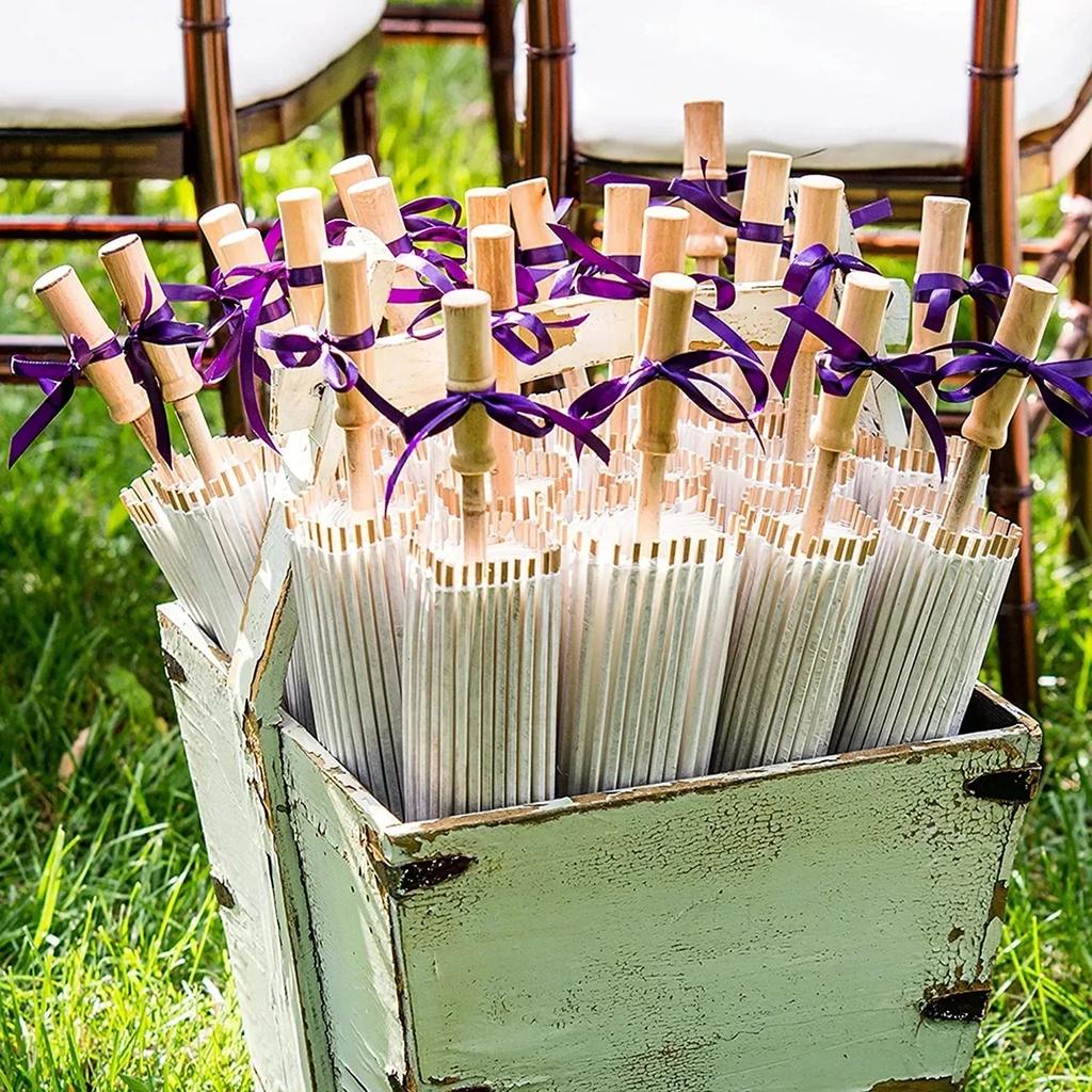 50pcs 60/80cm White Paper Long-handle Parasol Chinese Craft Paper Umbrella for Wedding Photograph Accessory Party Decor