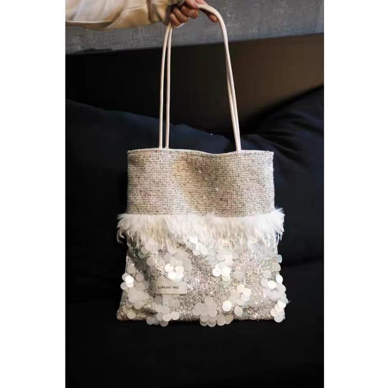 

Commuter sequined fragrant shoulder bag large-capacity bag tote bag white high-end niche design light luxury canvas bag