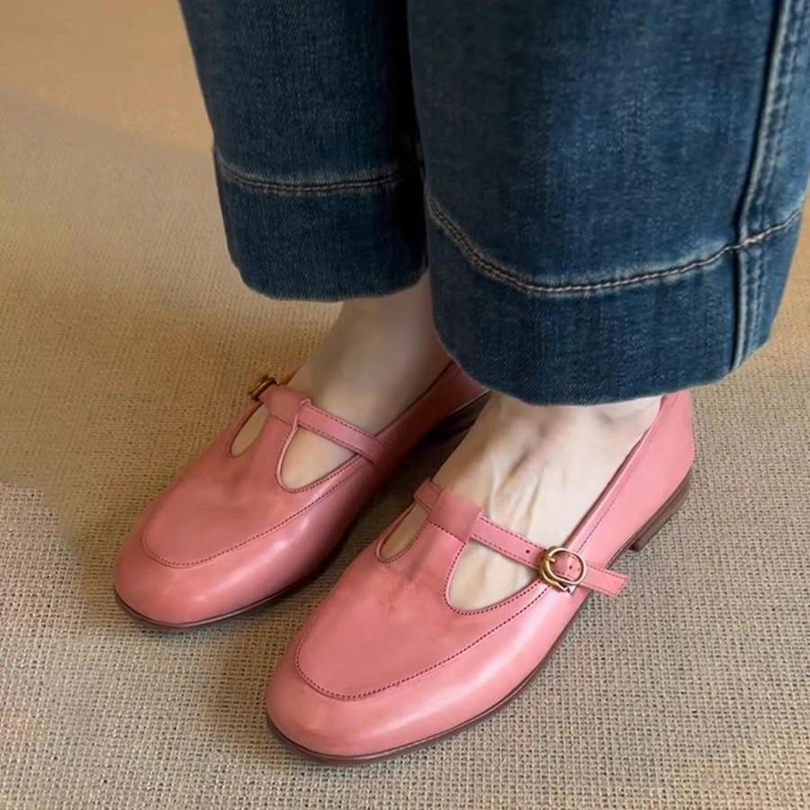 Guttega~ Soft leather flat bottom round head retro Mary Jane shoes women's one-pedal single shoes British small leather shoes loafers
