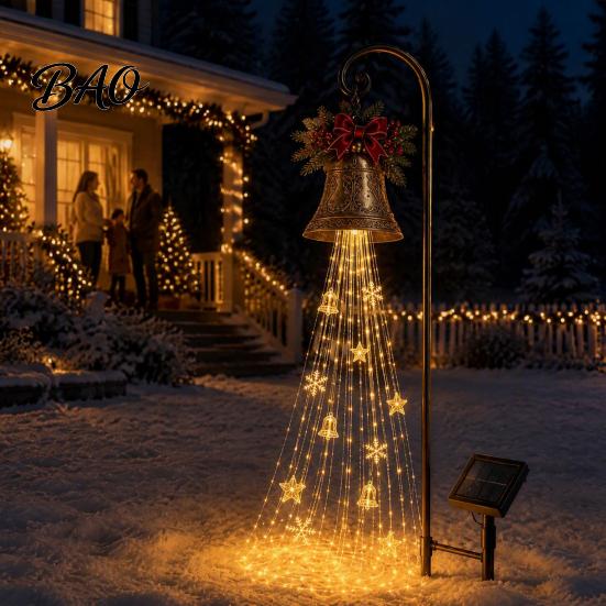 Traditional Holiday Garden Decor Solar Christmas Bell Waterfall Light, LED Metal Stake with Red Ribbon, Automatic Dusk to Dawn Lights Auto On/Off,