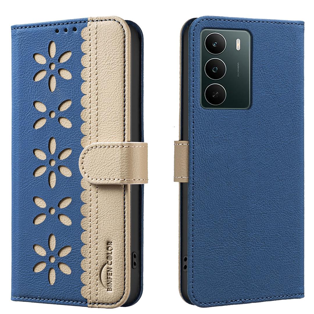 

Кожаный чехол для Realme C71 4G BINFEN COLOR BF36 с цветочным узором, чехол для телефона, кошелек с RFID-блокировкой, подставка Dark Blue