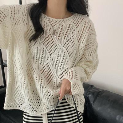 Women's Hollow-out Knitwear: Spring-Summer-Autumn Korean Style Solid Color Diamond Plaid Sweater - Lazy Style Base Layer & Sun Protection Cover-up.