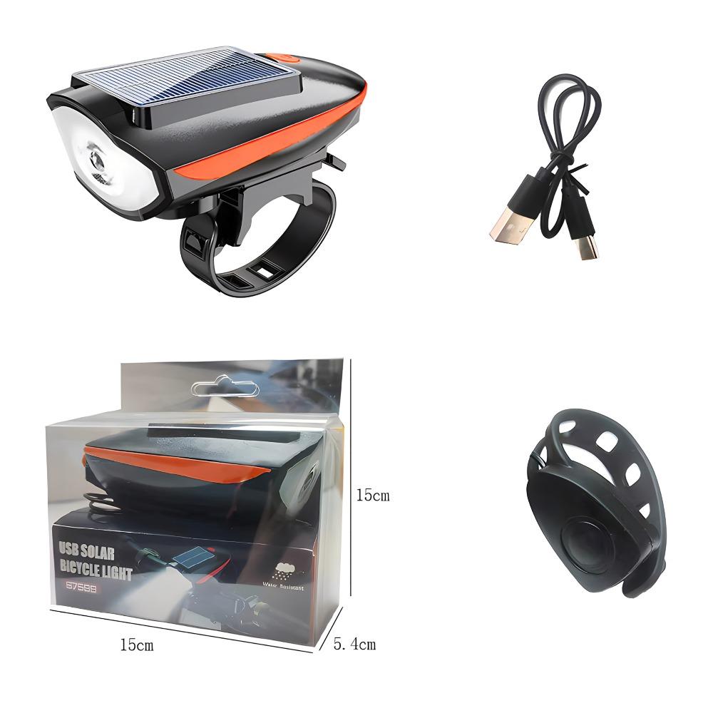 Solar Rechargeable Bicycle Headlight 250 Lumens Bike Horn Alarm for Outdoor Riding