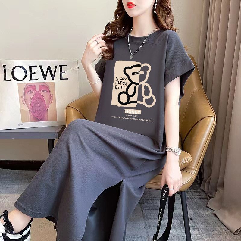 

Idle Style Short Sleeve T-shirt Skirt Women s Summer Casual Loose Overknee Dress Pure Cottom Long Dress Plus Size Women s Clothing Carbon Gray 3XL