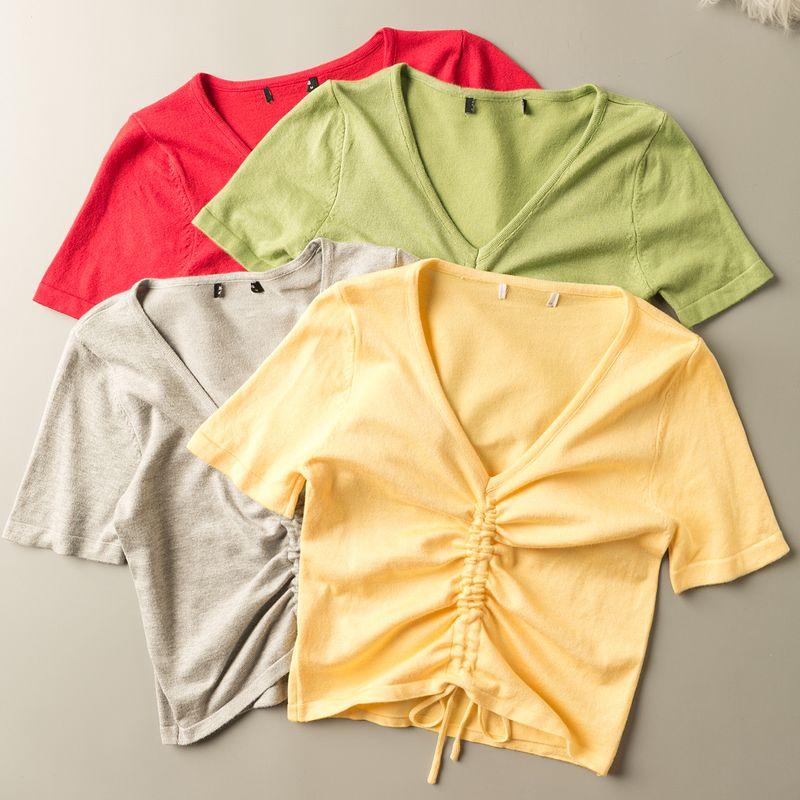 

Летний экспортный K-стиль Новинка Минималистичный Универсальный Повседневный Модный Пуловер Трикотаж с коротким V-образным вырезом и короткими рукавами Red S