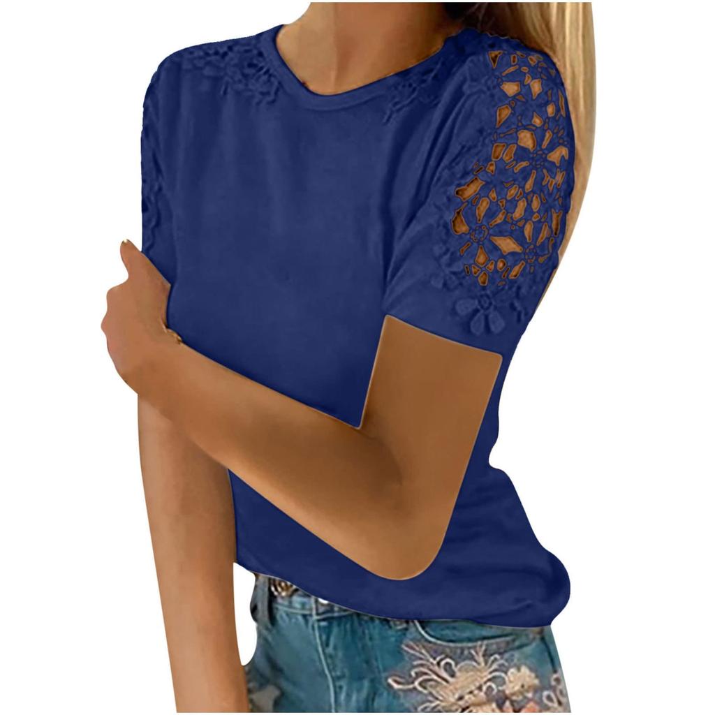 Women's Fashion Lace Hollow Colour Round Neck Short Sleeve T-ShirtTop