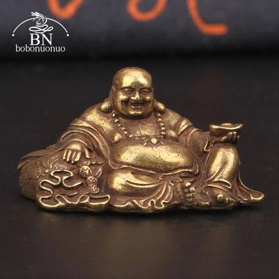 Estátua de Buda Maitreya Rindo de Barriga Grande em Bronze Antigo Enfeite de Mesa em Cobre Artesanato Estatuetas em Miniatura de Latão Decorações para Casa