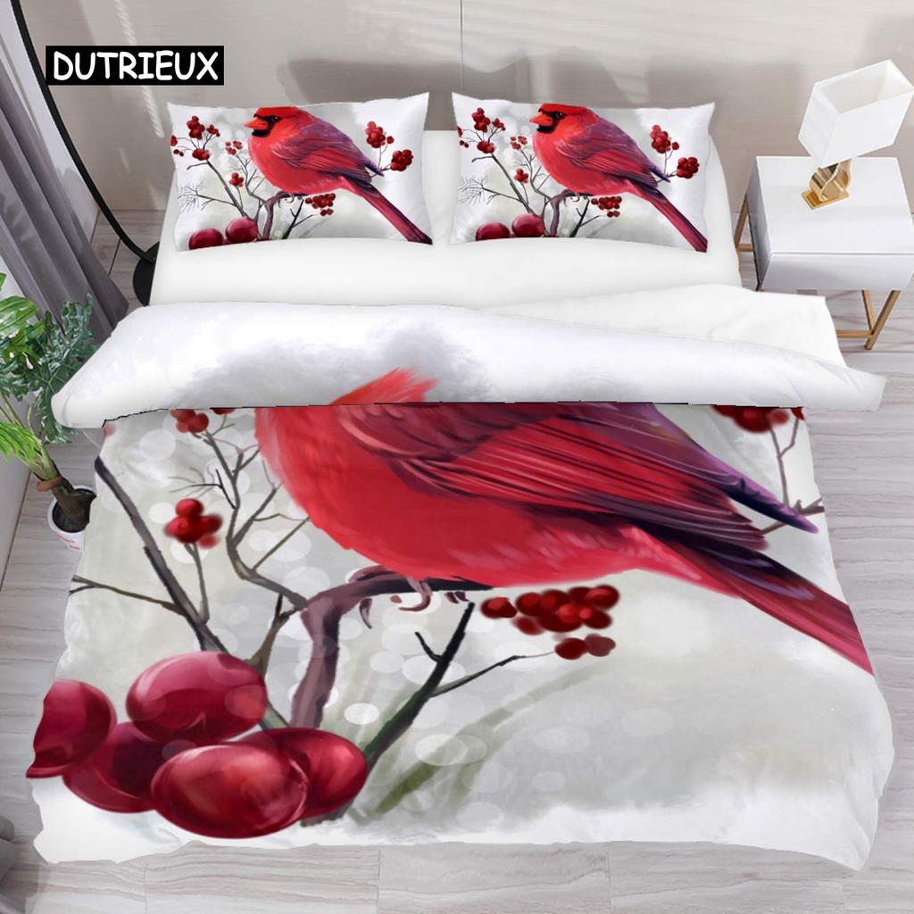 Kardinal Bettbezug Set Roter Vogel Bettwäsche Set für Kind Jugendliche Kiefer Baum Bettdeckenbezug Tier Schnee King Size Weicher Steppdeckenbezug
