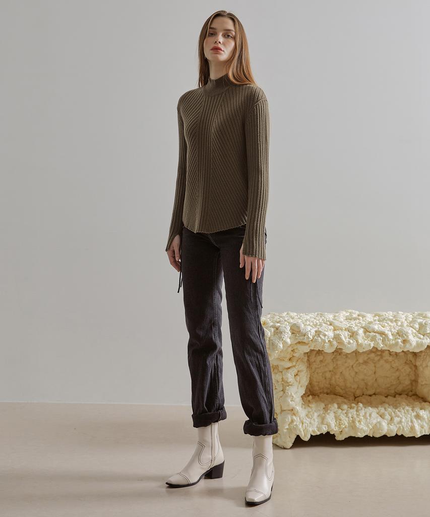 ETMON Slit Sleeve Side Strap Knit Top Khaki