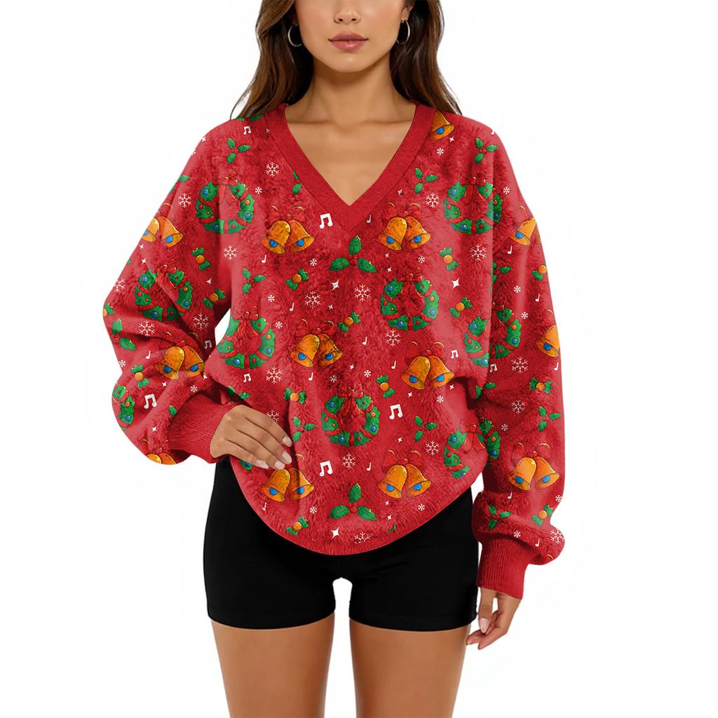 Women's V-Neck Sweatshirt Plush Solid Color Casual Fashion Long Sleeve With Pocketed Pullover Top