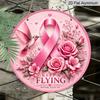 2D Flat, 1pc Round Aluminum Hanging Sign, "Keep Flying Never Give Up" Positive Quote, Soft Pink Pastel Style Hummingbird Breast Cancer Awareness