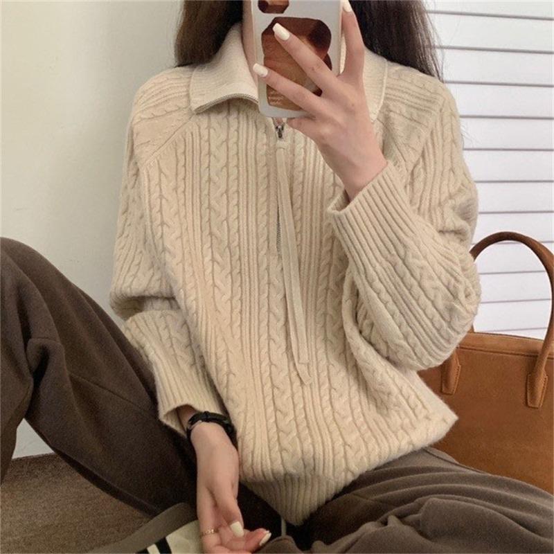 Half zipper lapel gentle wind sweater women's top wear autumn and winter new lazy loose twisted flower knitted sweater