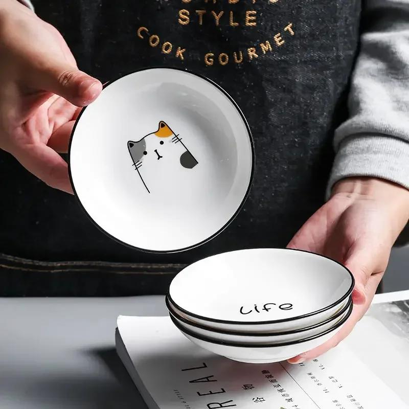Cartoon Cat Snack Dipping Plates Household Ceramic Seasoning Dish Creative Kitchen Small Sauce Bowl Vinegar Soy Snack Dishes