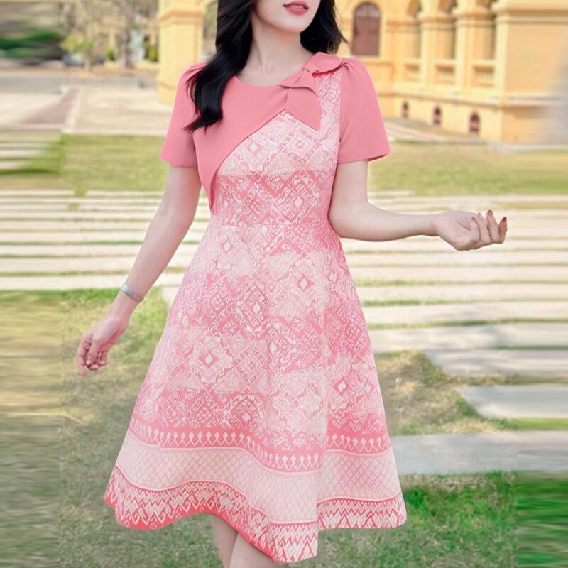 

ZANZEA Женское платье с принтом, пэчворк, летнее, с круглым вырезом, с короткими рукавами 5XL розовый