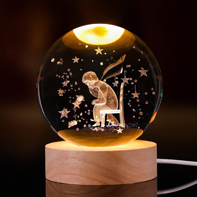 3D Starry Sky Crystal Ball Night Light with Solid Wood Base - Luminous Desktop Ornament & Birthday Gift