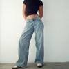 Women's Retro Low Waist Straight Leg Jeans - Washed Denim Wide Leg Pants for Autumn