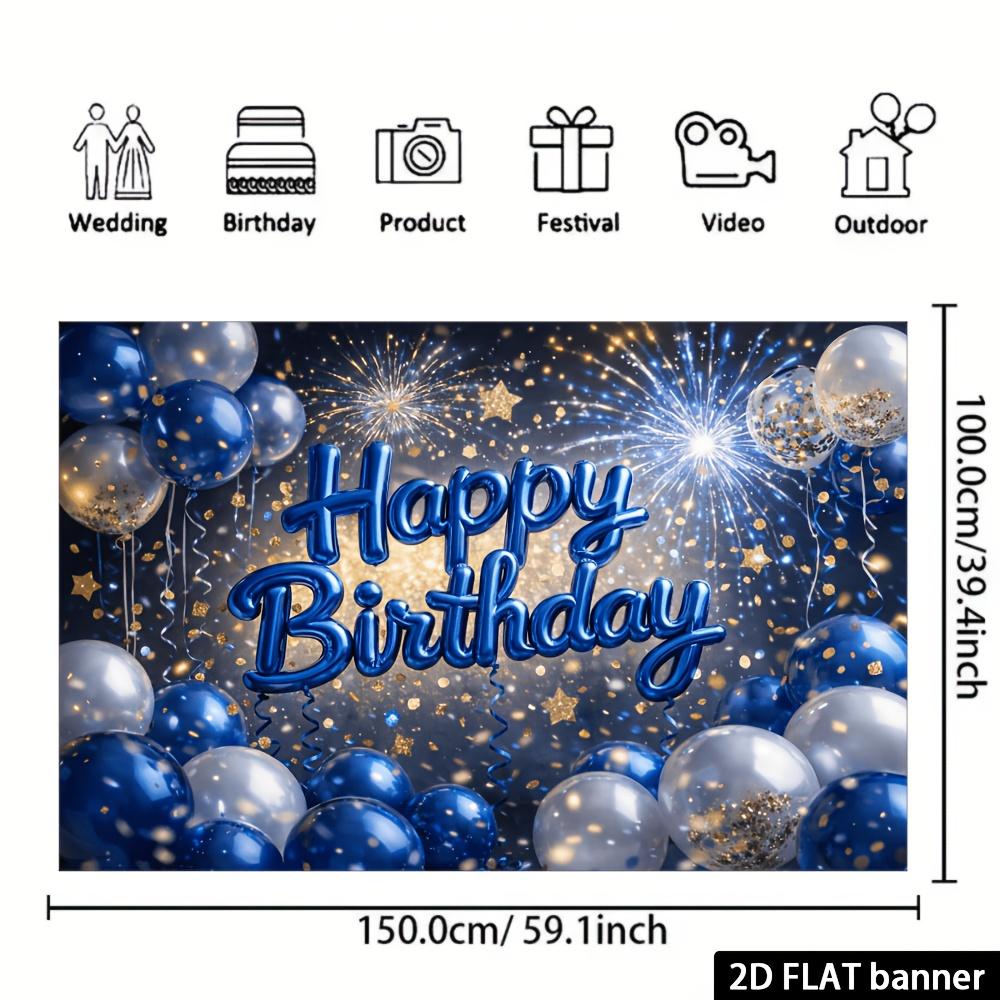 Generic Birthday Party Backdrop, Navy Blue Firework Gold Star Happy Birthday Foil Balloon, Polyester, No Power, Party Decor
