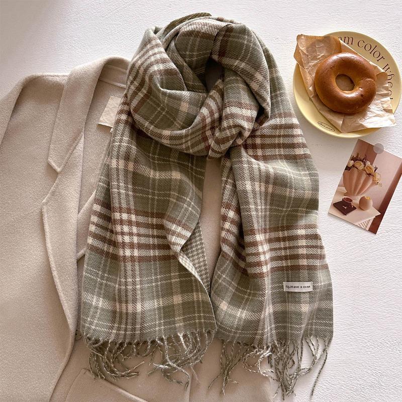 New retro plaid scarf women's autumn and winter medium and long warm scarf fashionable versatile fringed shawl