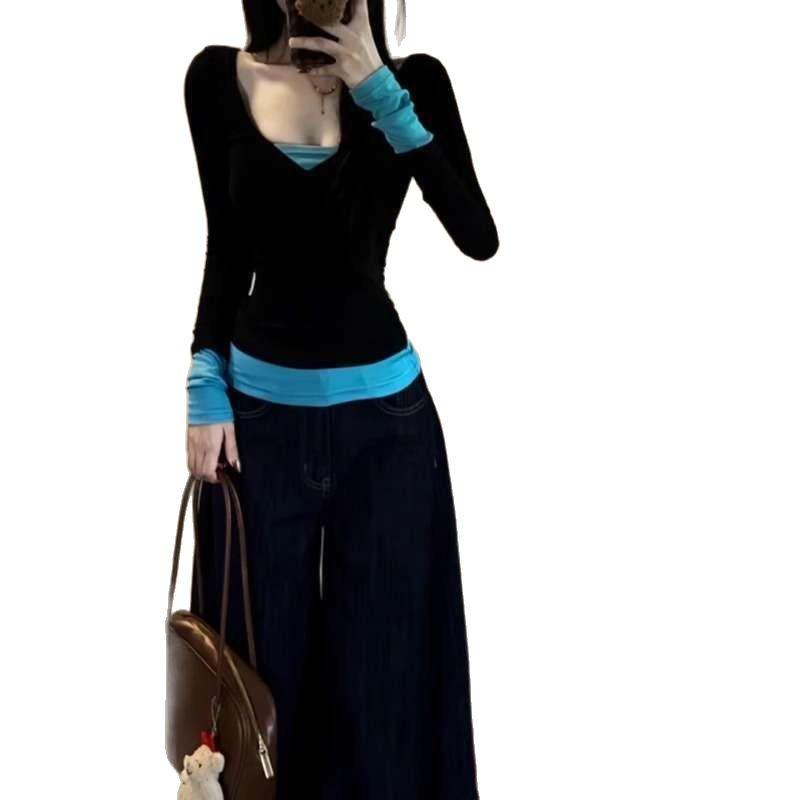 Women's Slimming V-Neck Color Block Fake Two-Piece Long Sleeve Modal Top - Spring/Summer