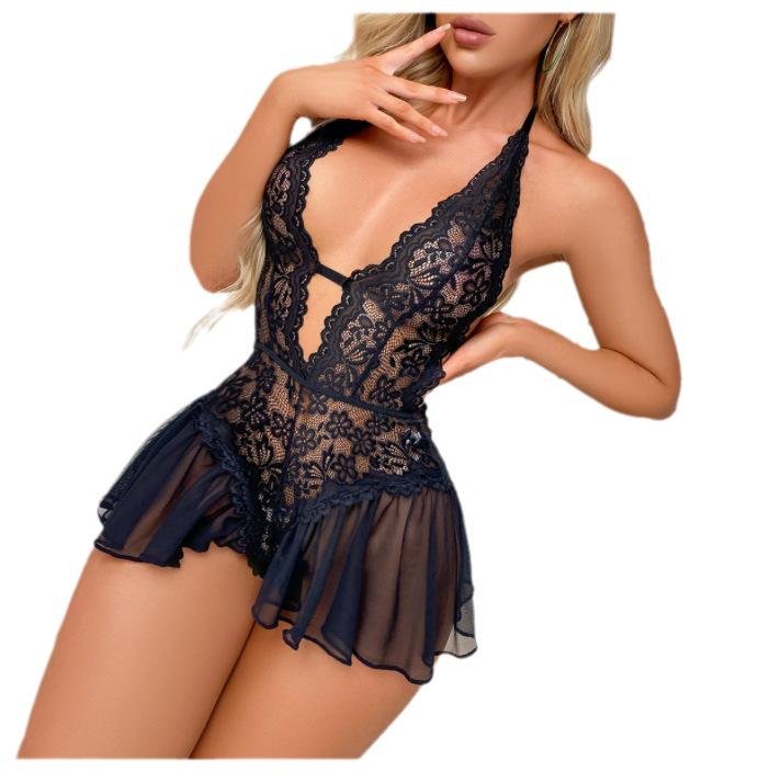 European & American Plus Size Lace Mesh Temptation Nightgown - Sexy See-Through Open Crotch Removable Lingerie