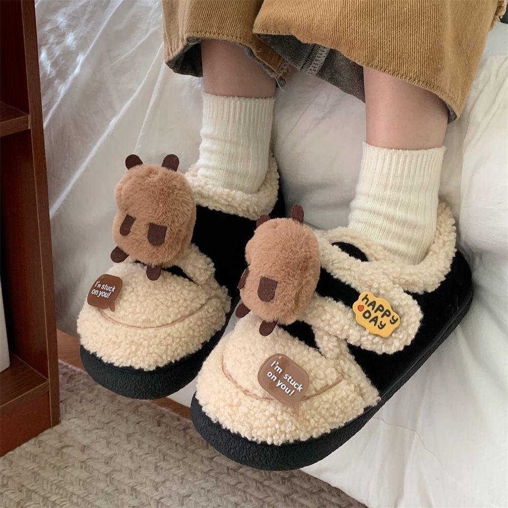 Cute Kapibara Thermal Shoes Lamb Wool Beanie Shoes 2025 Winter New Velcro Toys Non-slip Cotton Shoes
