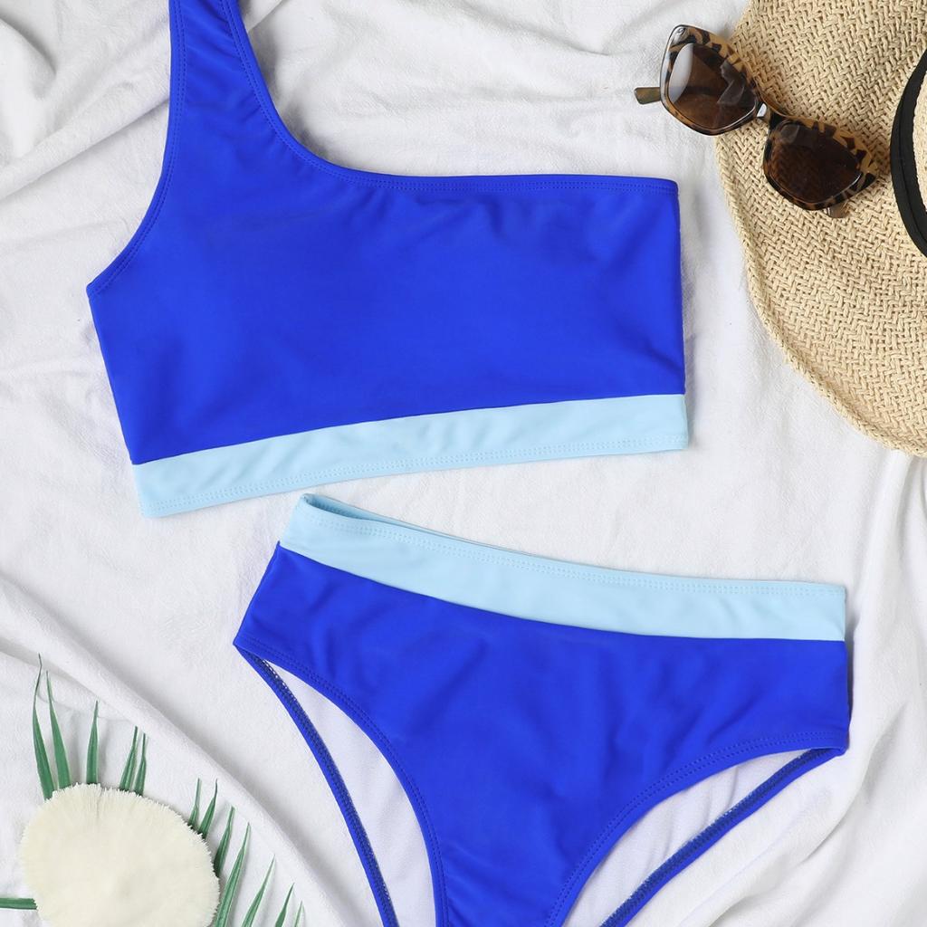 Color Block One Shoulder High Waist Sexy Bikini Set Elegant Two Piece Swimwear