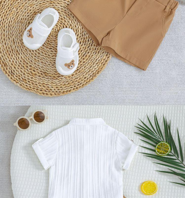 Boys' White Stripe Short-Sleeve Shirt & Khaki Shorts Set (2025 Spring/Summer Collection)