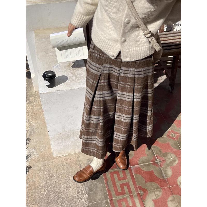 Women s Retro Plaid A-line Wool Skirt - Japanese Style, Autumn/Winter, Mid-length, Thickened Large