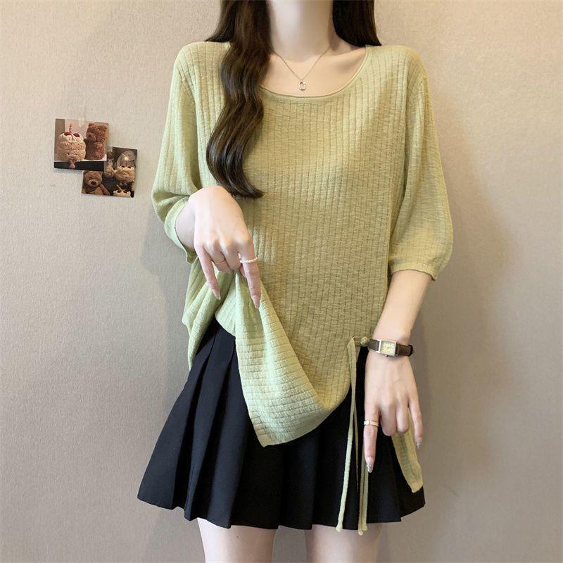 Extra Large Irregular Slit Short Sleeve Women s Summer Top - Loose, Slimming, Age-Reducing S (50-60 jin) зелёный