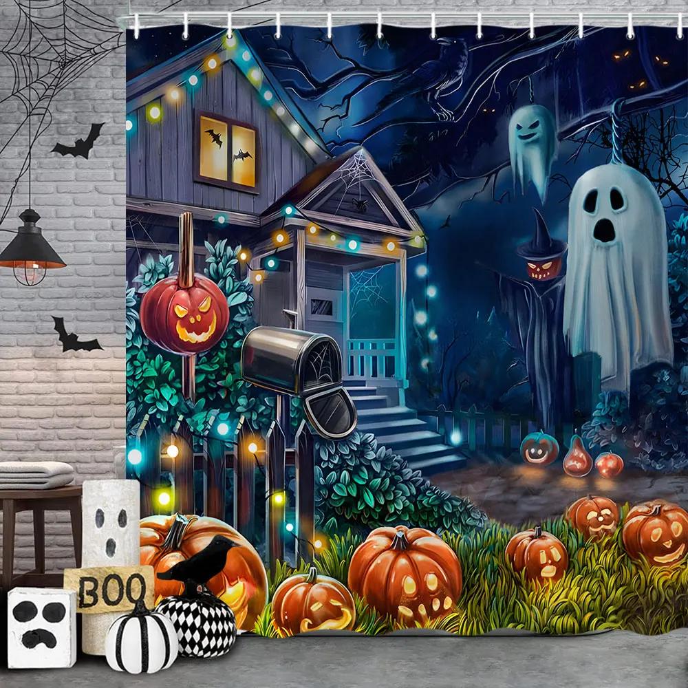 Bathroom Halloween Gnome Truck Shower Curtain Pumpkin Trick-or-Treaters Spooky Witch Spooky Skull Fabric Shower Curtain Festive