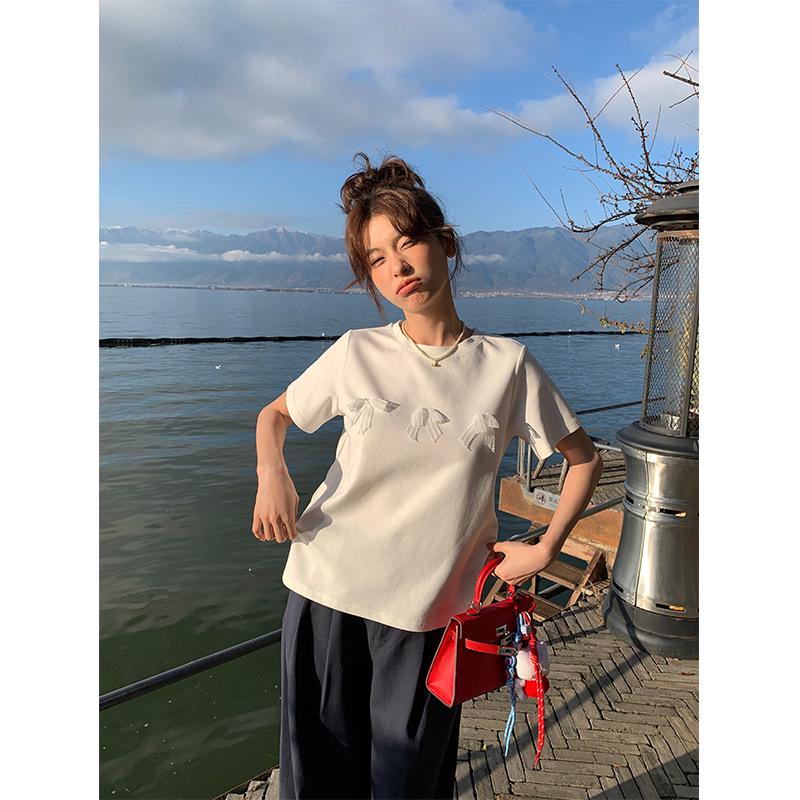 

Aixili 2025 Spring Women s Korean Ballet Lace Bowknot Short-Sleeved T-Shirt