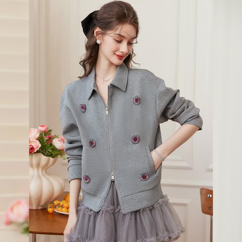 Bailuyu Elegant Lapel Cardigan with 3D Floral Embellishment
