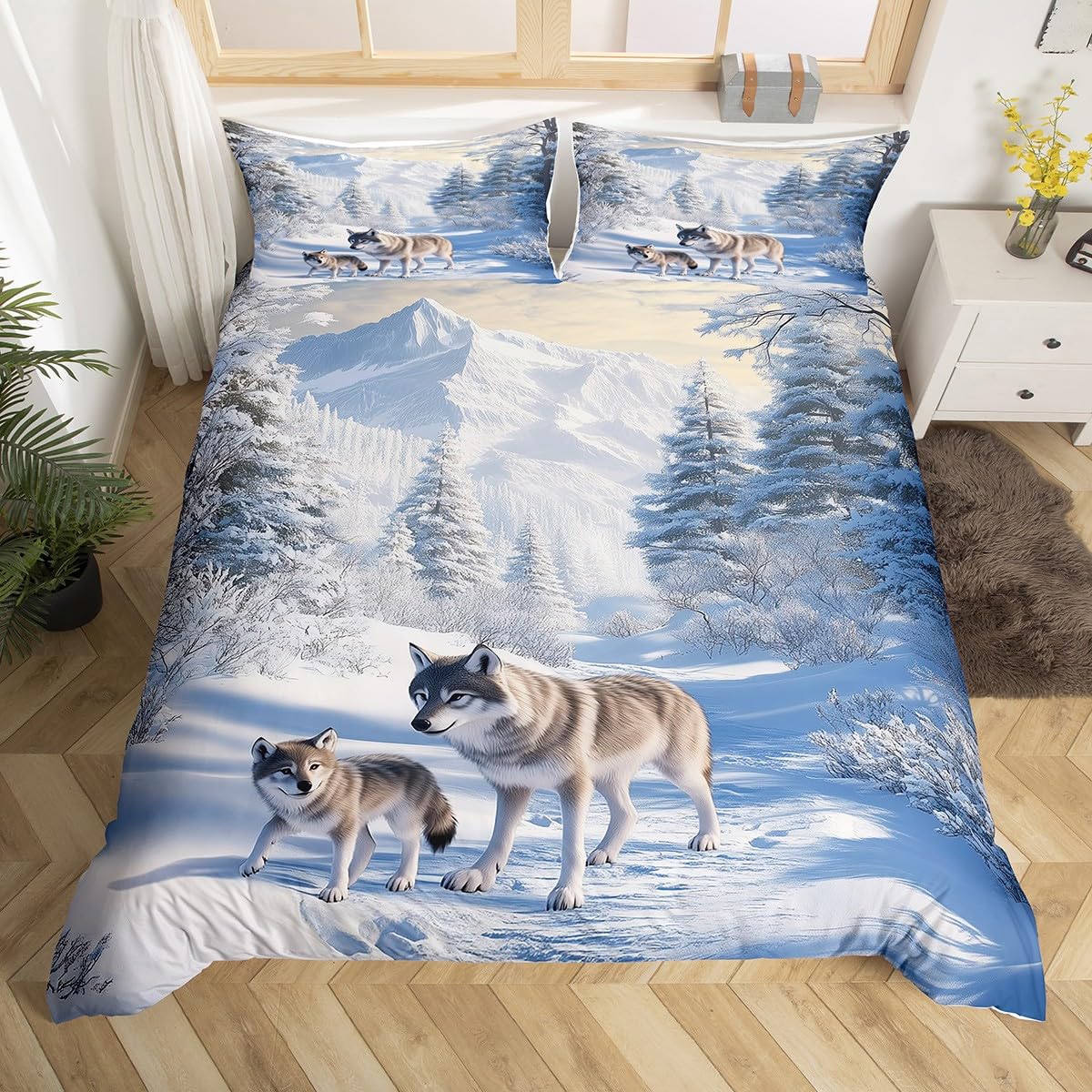 

Snow Wolf Children Kids Soft Duvet Cover Set Quen Sized Dimensions, Snow Mountains Pine Tres Warm Comforter Cover, Wild Animal Theme Beding Set for 100*200cm Single