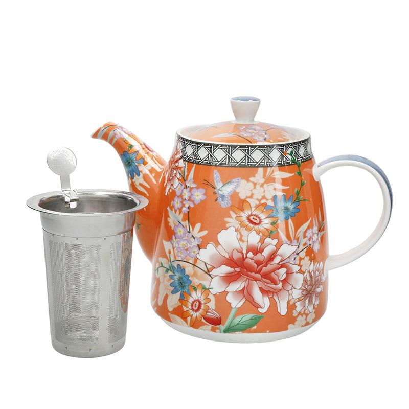 London Pottery 1L Keramik-Teekanne Glockenform mit Orangenblüten-Design und Edelstahl-Teesieb Porzellan-Teekanne