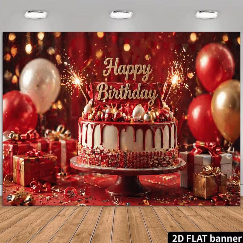 

2D Red Gold Happy Birthday Backdrop, Drip Cake & Sparklers Party Decoration 47.2x31.5inch/120*80cm