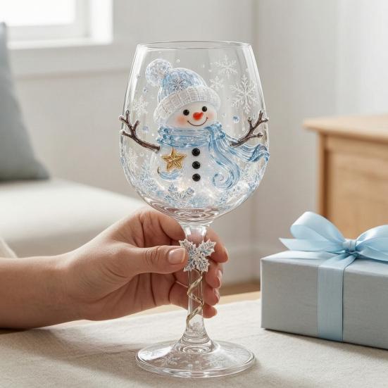 Klares Borosilikatglas Weihnachts-Stielweinglas, Schneemann/Weihnachtsmannkranz/Elch/Weihnachtsbaum Handbemalt, Einzigartige Austauschgeschenke Kreatives Stielglas