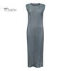 Women Vest Dress Pleated Loose Round Neck Solid Color Straight OL Commuting Dress Sleeveless Calf Length Midi Dress