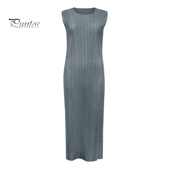 Dámské vestové šaty plisované volné s kulatým výstřihem jednobarevné rovné OL dojížděcí šaty bez rukávů midi šaty ke lýtkům