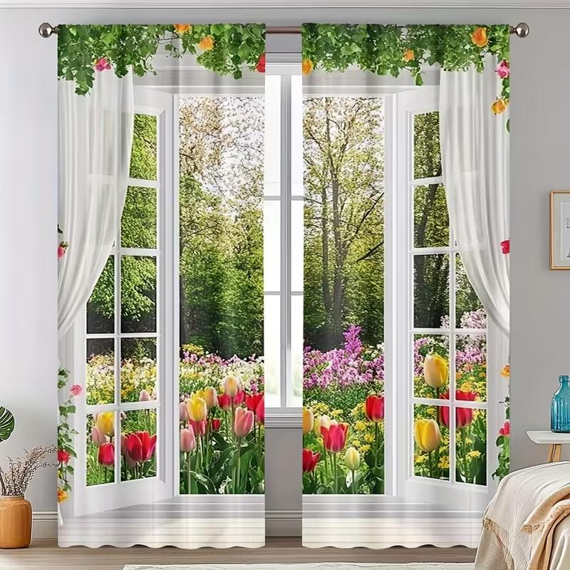 2 Stück Fensterbank Garten Druck Vorhänge geeignet für Schlafzimmer Wohnzimmer Küchendekoration Heimdekoration Fenster Vorhang