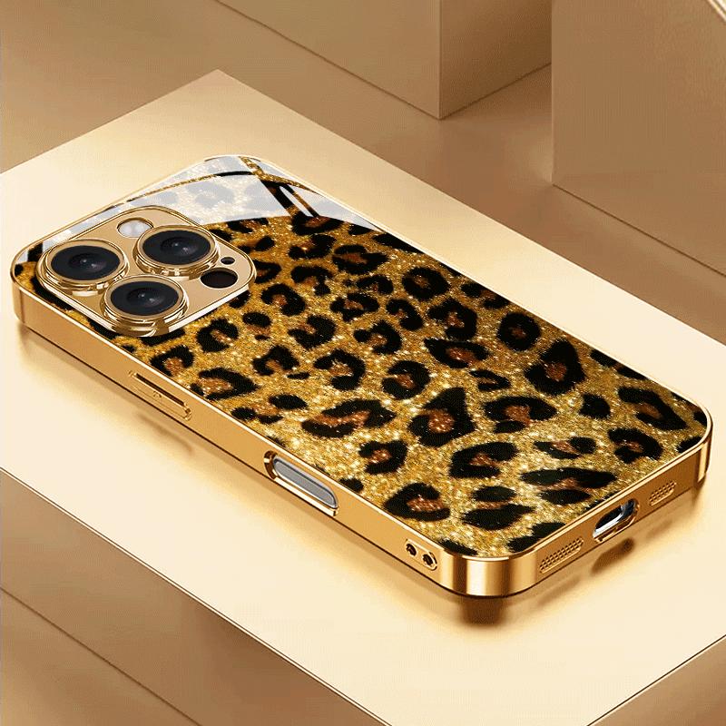 New Fashionable Golden Leopard Print Luxury Electroplated Glass Phone Case for Iphone 17 16 15 14 13 12 Pro Max Plus