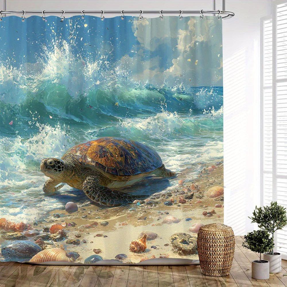 1pc Sea Turtle & Turquoise Waves Shower Curtain - Vibrant Coastal Ocean-Themed Polyester Bathroom Decor with Seashells 90x180cm