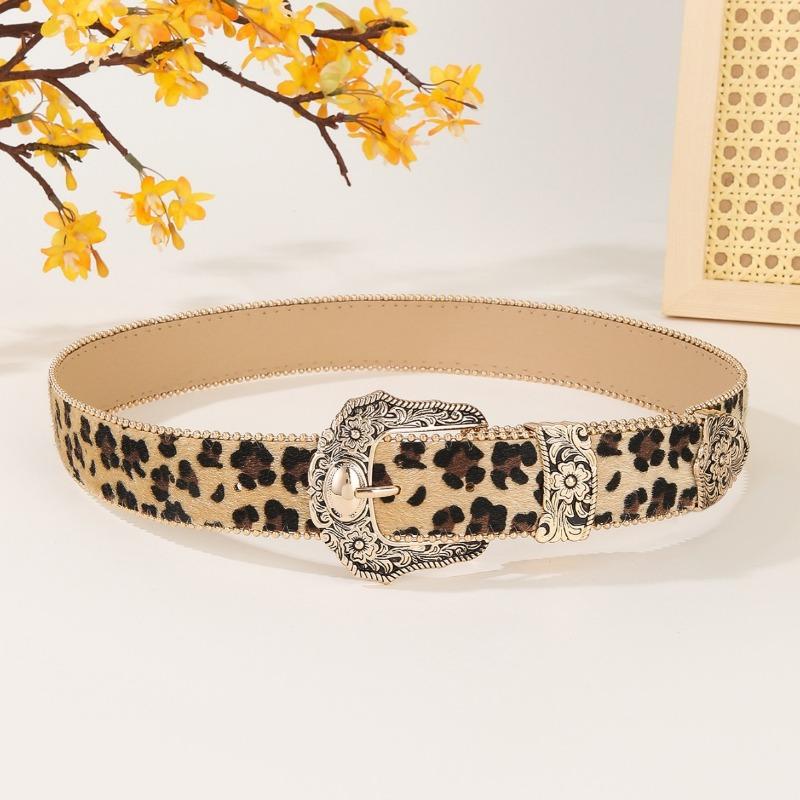 Women's Vintage Engraved Buckle Leopard Print Beaded Sexy Belt Jeans Versatile Decorative Belt Suitable for Everyday Use Hot