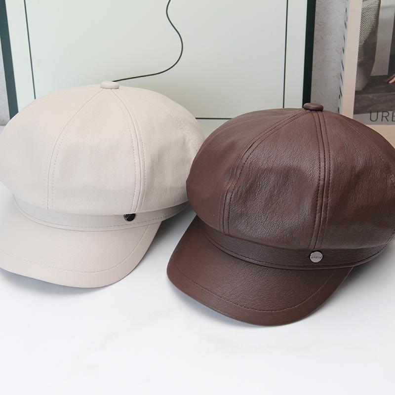 Retro leather octagonal hat female autumn and winter British newsboy hat showing face small painter hat versatile PU leather beret