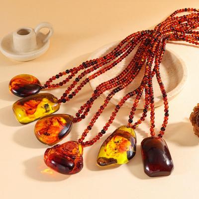 Blood Vein Amber Necklace - Faux Blood Amber and Beeswax with Cloud Pattern Wushi Pai Pendant.