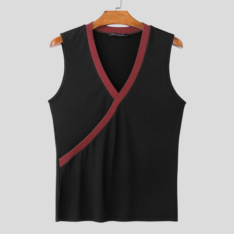 

INCERUN Summer Men V Neck Sleeveless Stitching Rib Casual Tank Tops 3XL