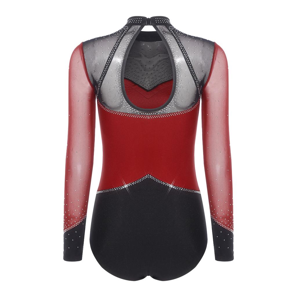 S-XXL Damen Performance Bodysuit: Rhinestone-Netz-Langarm mit Rückenausschnitt & Druckknöpfen im Schritt für Gymnastik, Eiskunstlauf