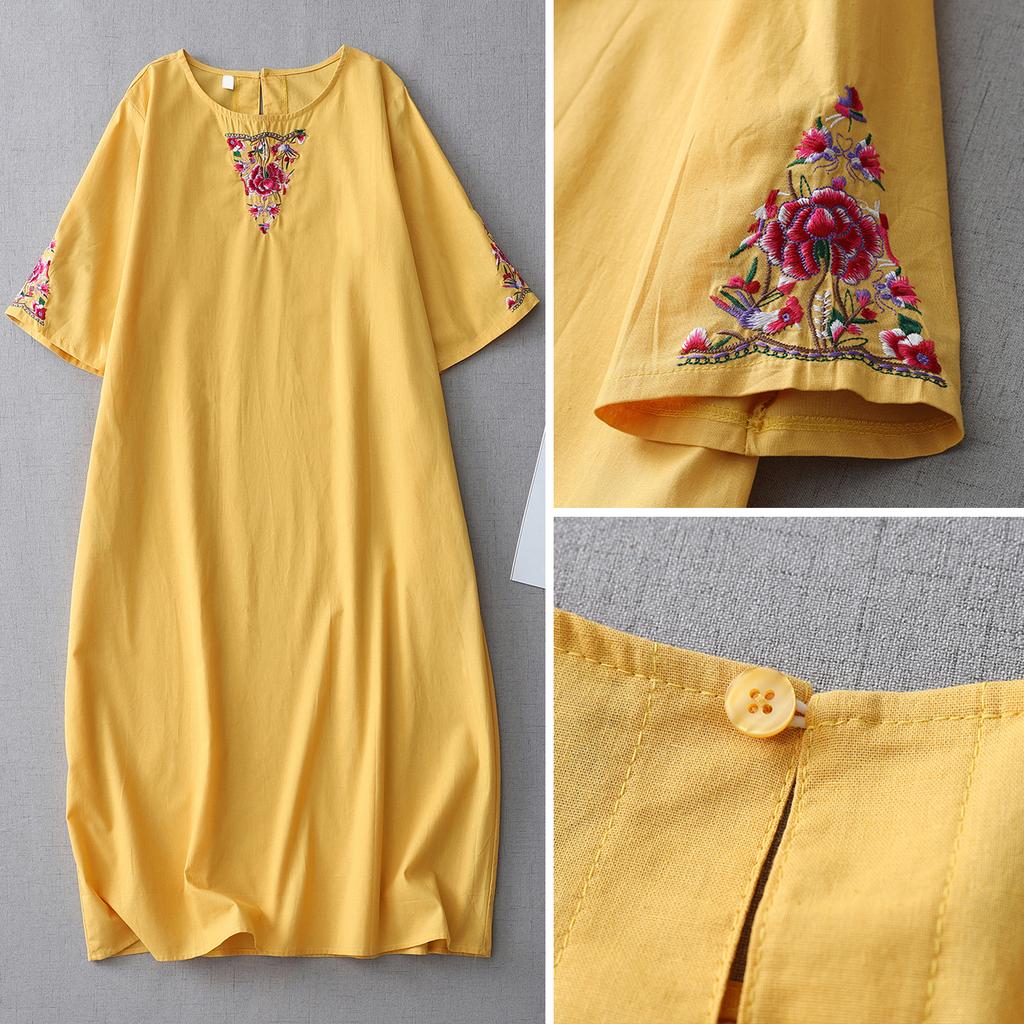 Heavy industry embroidered cotton and linen dress women's 2025 summer new loose and thin round neck five-quarter sleeve temperament medium and long
