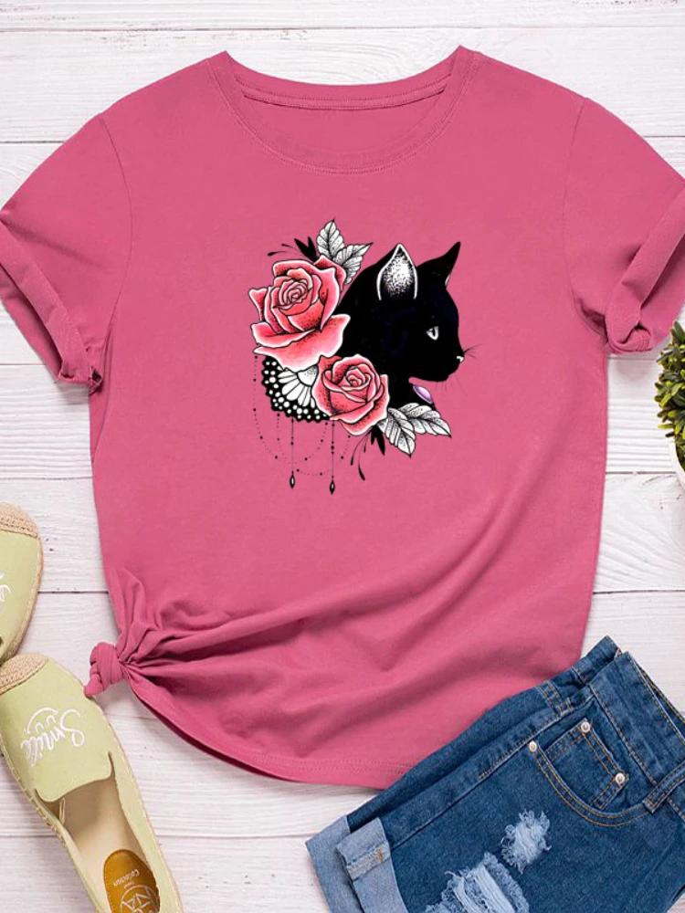 Black Cat Flower Print Women T Shirt Short Sleeve O Neck Loose Women Tshirt Ladies Fashion Tee Shirt Tops Camisetas Mujer