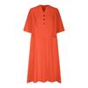Women's Mid-Length V-Neck Cotton-Linen Dress with Short Sleeves and Three-Button Pockets