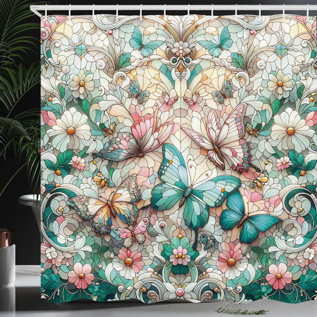 Temu Wooden Door Shower Curtain with Butterflies & Flowers Design, Polyester Digital Print, Bathroom Curtain